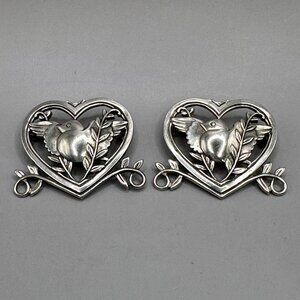 Norseland By Coro Sterling Silver Heart & Bird Brooch Signed Pin Pair